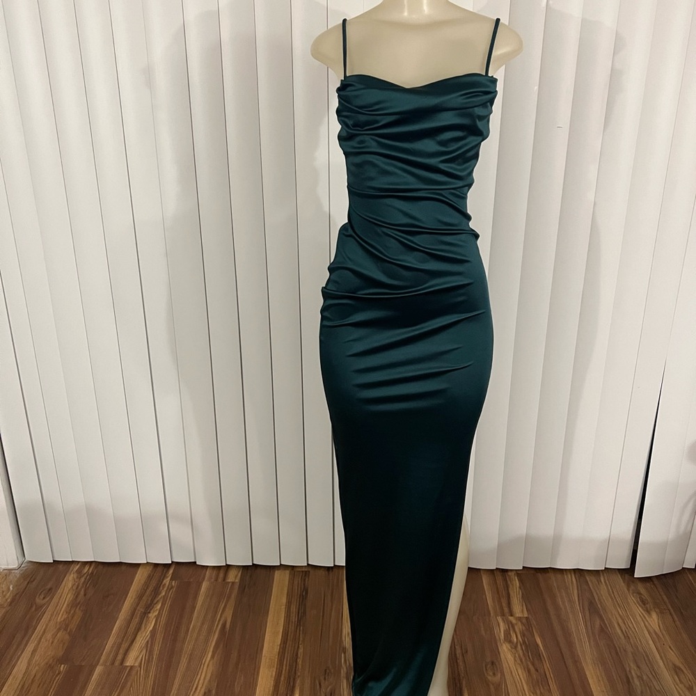 Emerald green silk evening gown